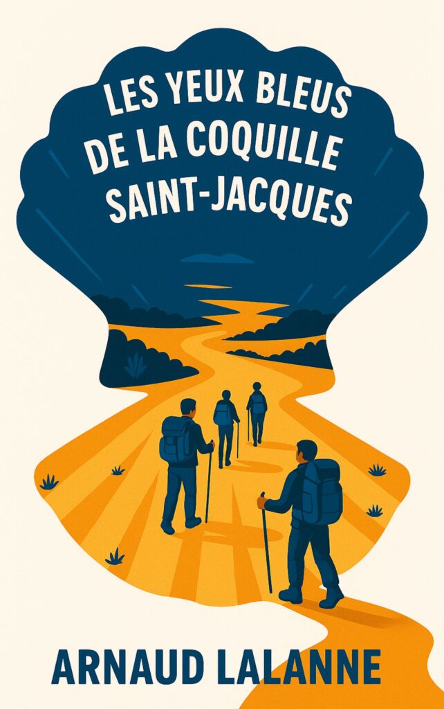 Couverture du roman Les Yeux bleus de la coquille Saint-Jacques, roman initiatique sur le chemin de Compostelle, écrit par Arnaud Lalanne.
